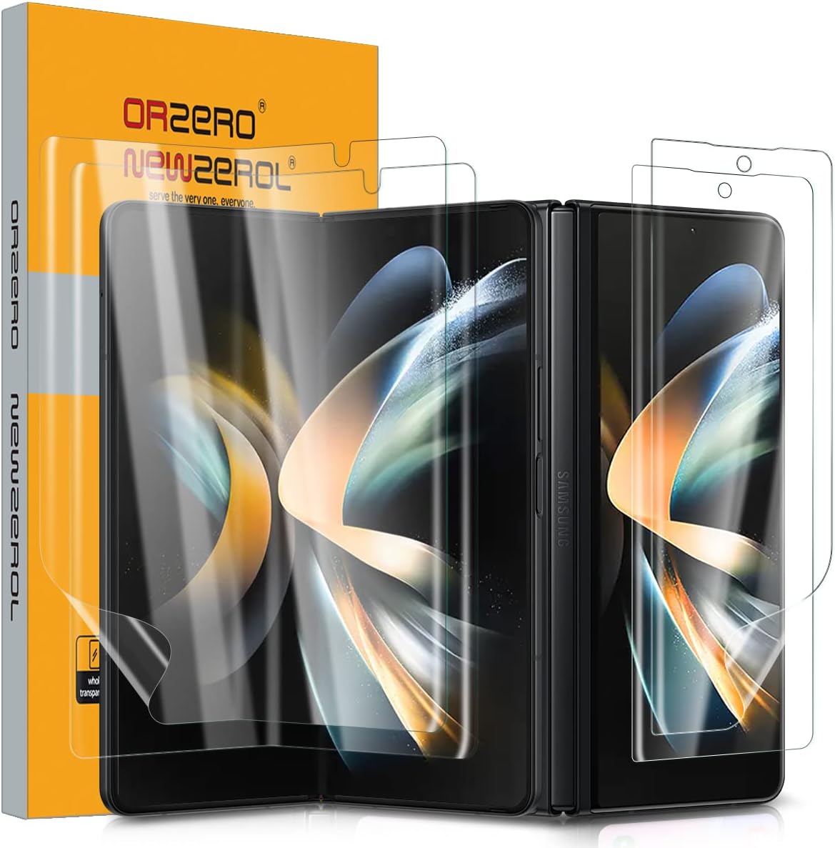Orzero (2 juegos de 4 paquetes compatibles con Samsung Galaxy Z Fold 4 5G, 2 protectores de pantalla frontal de poliuretano termoplástico (TPU) y 2