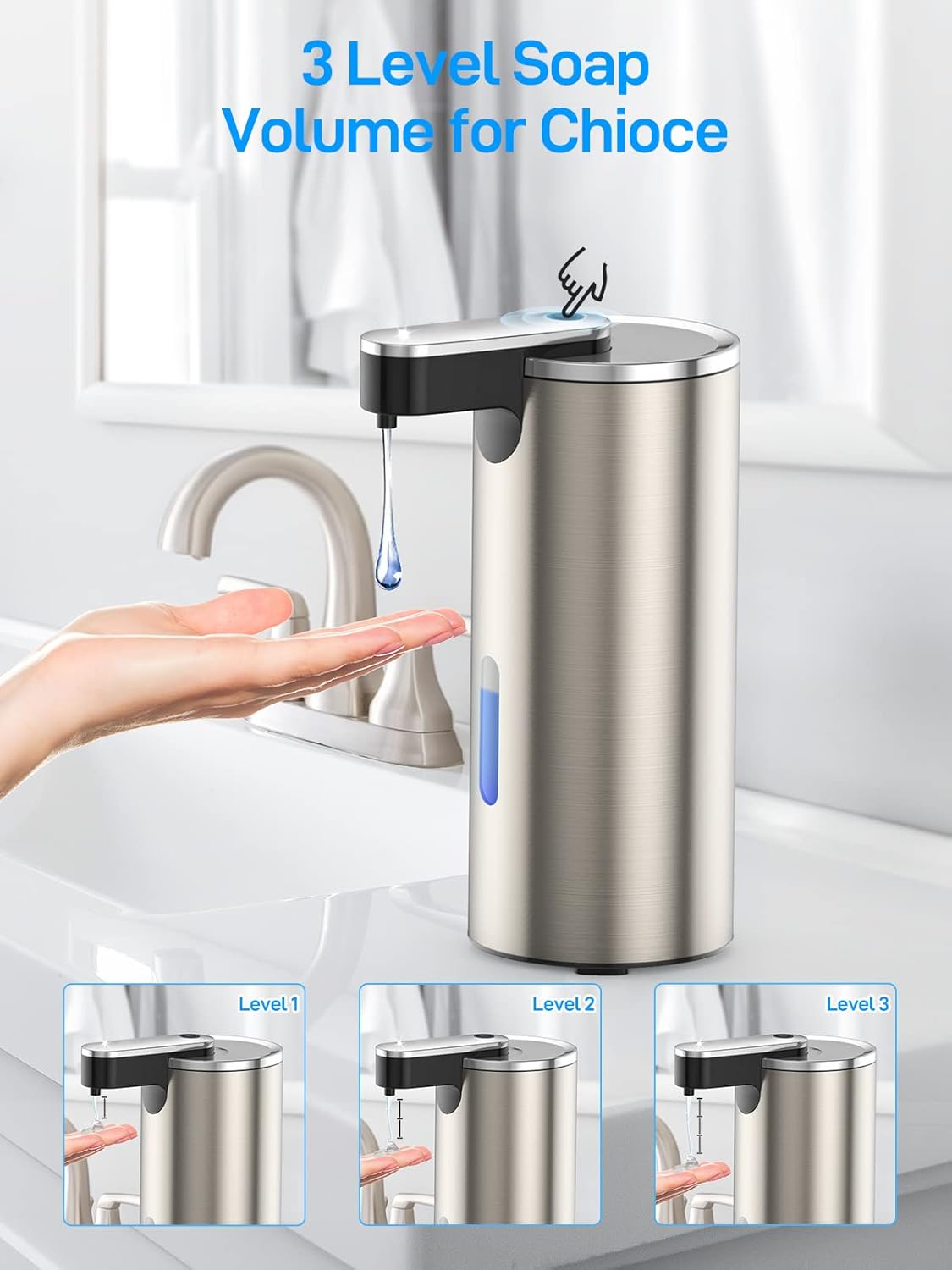 Dispensador automático de jabón de acero inoxidable sin contacto, control de volumen ajustable de 3 niveles LITTAR con sensor de movimiento,