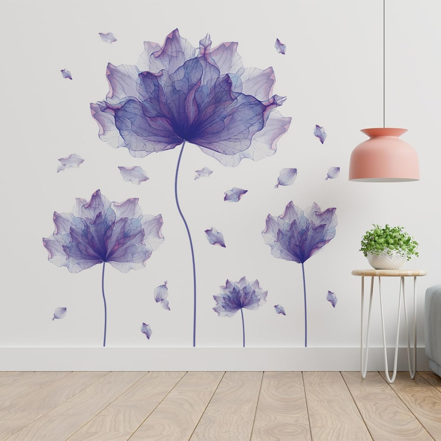 Calcomanías de pared de flores moradas, murales para dormitorio, oficina, baño, sala de estar, calcomanías de pared florales extraíbles, decoración