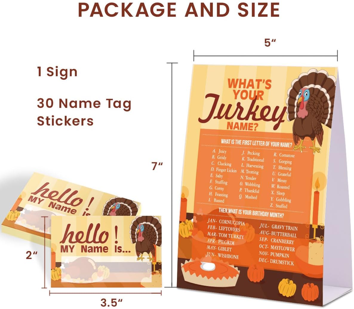 Juego de nombre de Acción de Gracias, con texto en inglés “What’s Your Turkey”, paquete de 1 letrero y 30 etiquetas de nombre, juegos de fiesta de