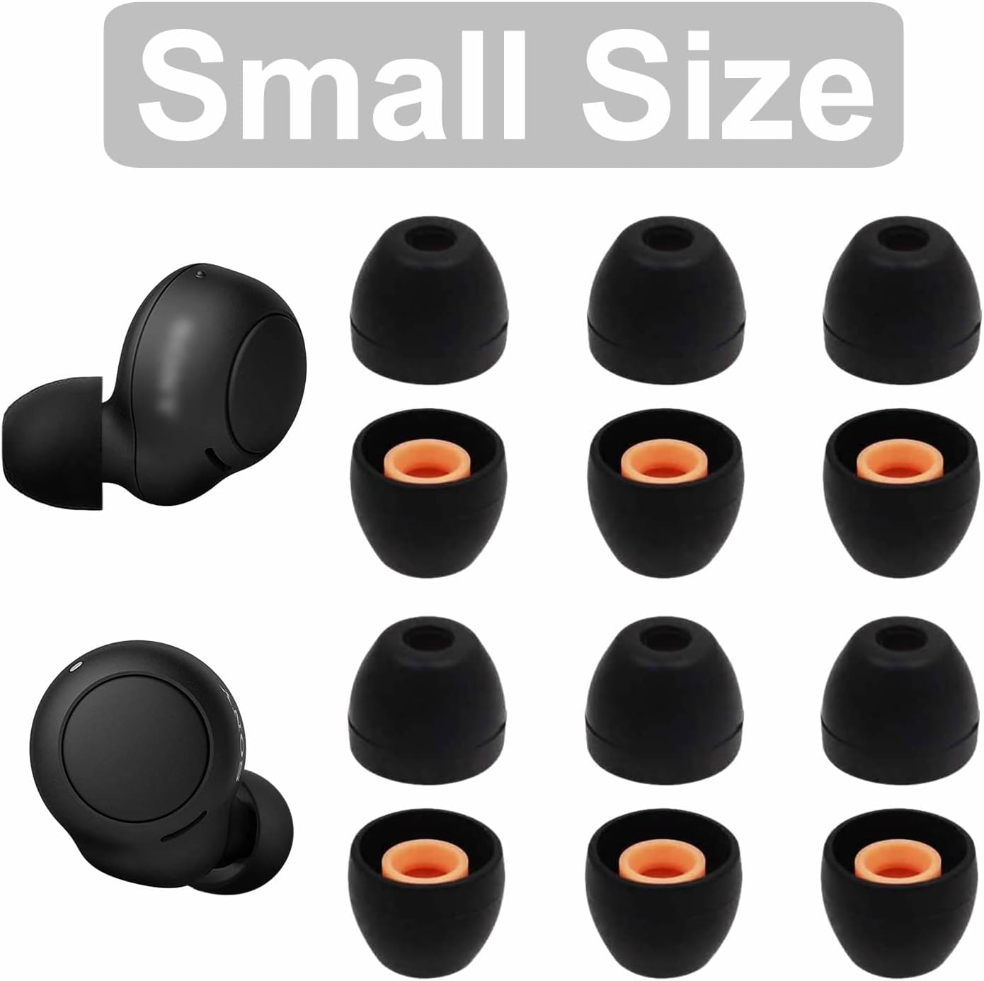 6 pares de almohadillas WF-1000XM5, goma de silicona de repuesto de tamaño pequeño, compatible con Sony WF-1000XM4 WF-C700N WF-C500 – S, color negro