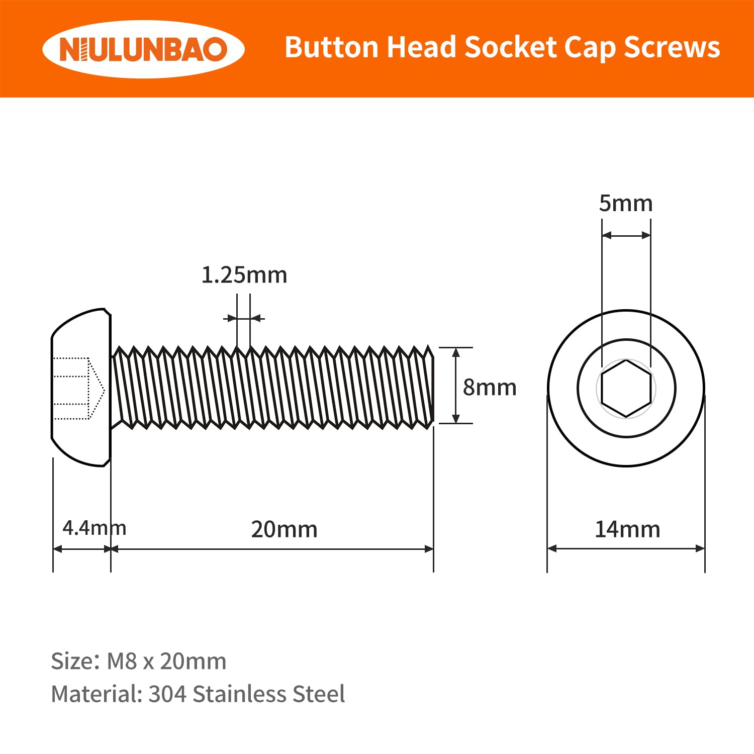 Tornillos de cabeza de botón M8-0.049 x 0.787 in, acero inoxidable 304, máquina métrica totalmente roscada, unidad hexagonal Allen, acabado