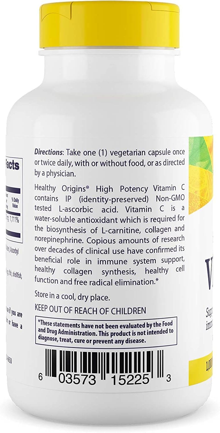 Healthy Origins Vitamina C (sin OMG), 1,000 mg – Vitamina C vegana – Ácido ascórbico para apoyo inmunológico – Apoya la función celular – Suplemento