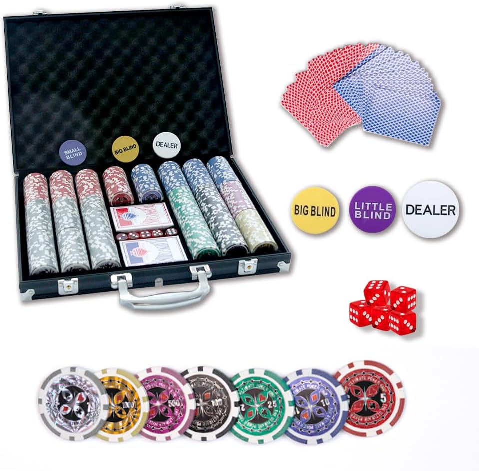 THUNDERBAY Juego de 500 fichas de póquer compuesto de arcilla con estuche de aluminio, dos barajas de cartas, distribuidor y botón ciego y 5 dados