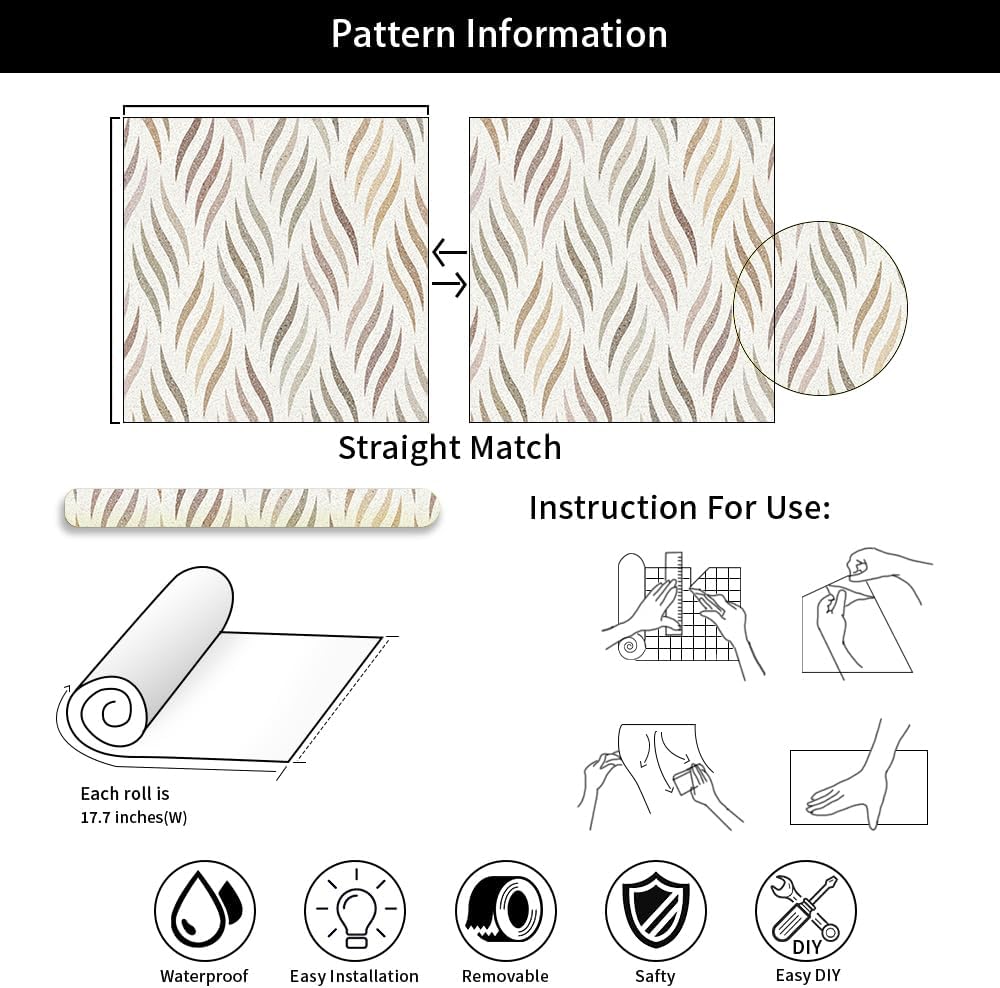 MuralPeel Papel tapiz geométrico bohemio con hojas onduladas para despegar y pegar, moderno, fácil de despegar, papel de contacto vintage,