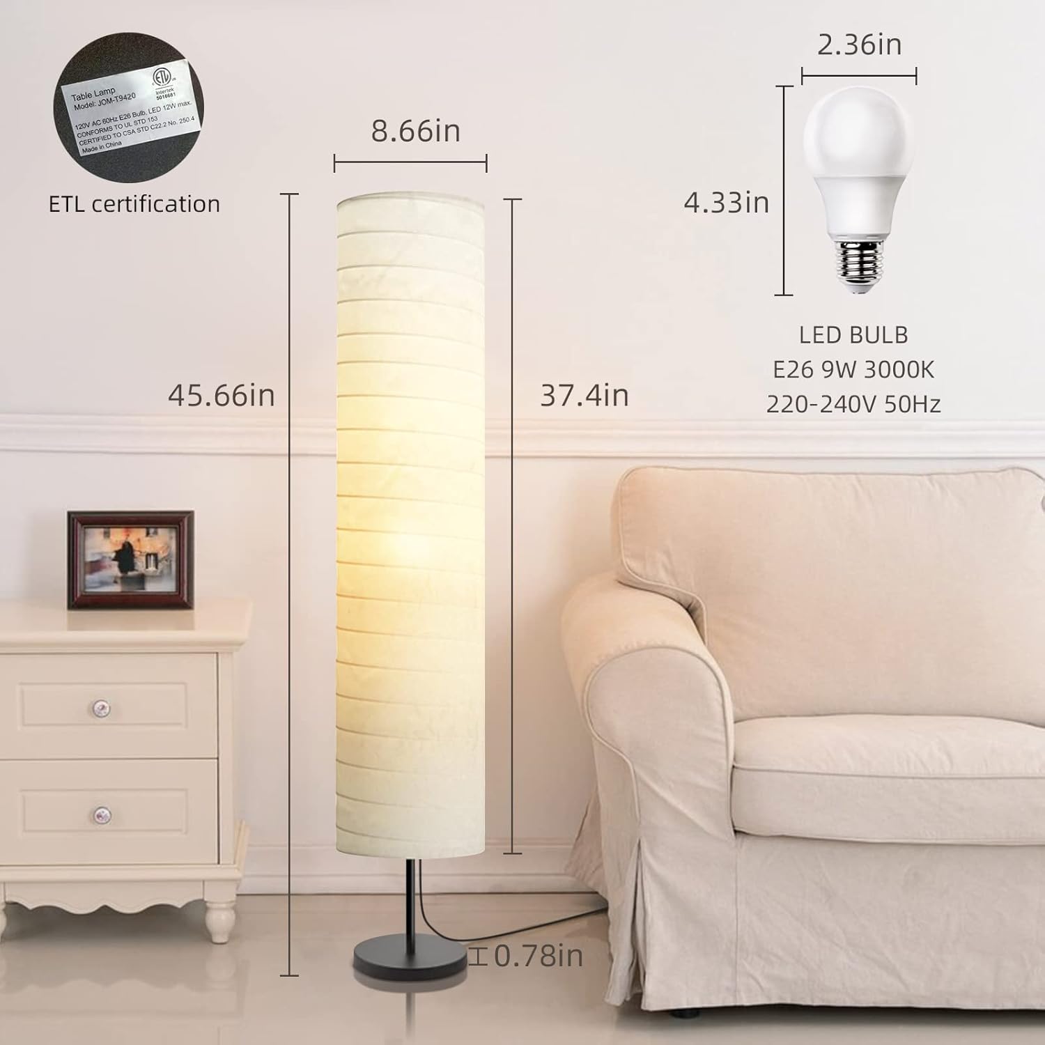 Modern Floor Lamp, Dimmable 3 Levels Brightness Paper Tall Lamp Standing Lamps with Lampshade, 55” Minimalist Floor Lamps for Office, Kids Room,