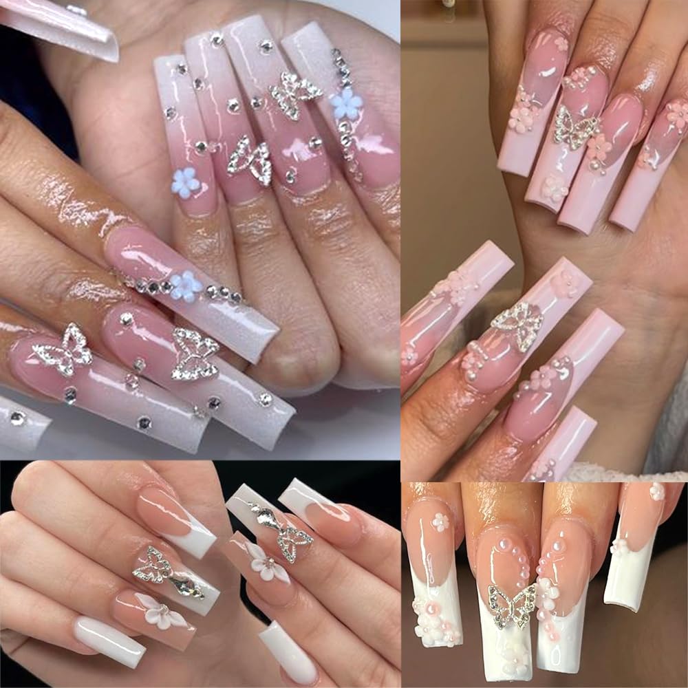 Dijes de uñas de flores 3D, flor acrílica 3D, pétalo de flor blanca y rosa con perlas de perlas, aleación de metal dorado y plata con diamantes de