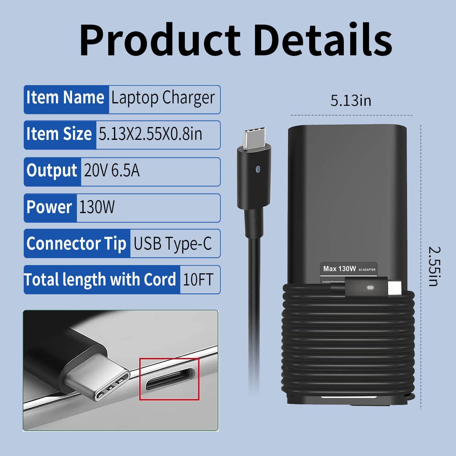 Cargador de repuesto para laptop Dell de 130 W, adaptador de CA USB C para Dell XPS 15 9500 9510 XPS 17 9700 Precision 5530 5550 3560 Latitude 7420
