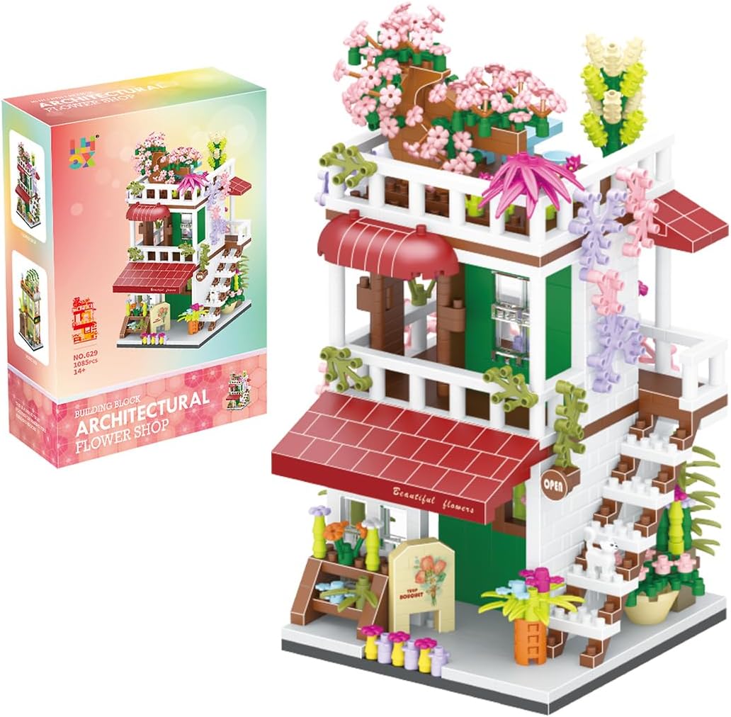 Juego de bloques de construcción de mini casa, MOC Street Store (1085 piezas), buena idea de regalo para niños y niñas (floristería)