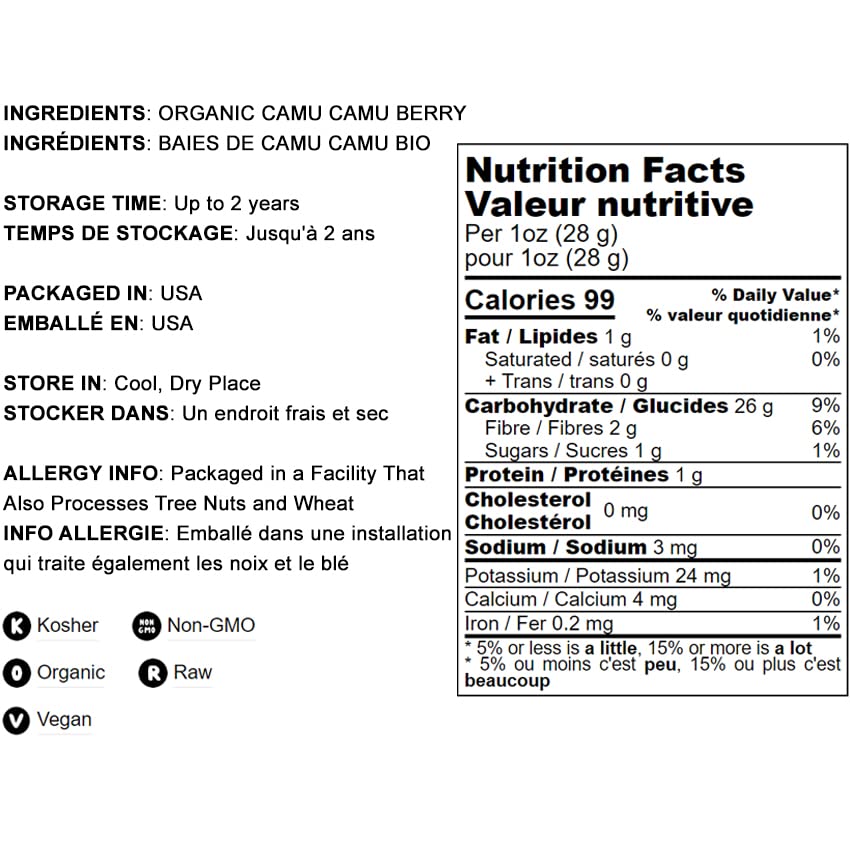 Food to Live Camu Camu Camu en polvo orgánico, 2 libras, sin OMG, Kosher, crudo, vegano, a granel, no irradiado, puro, ideal para hornear, bebidas y