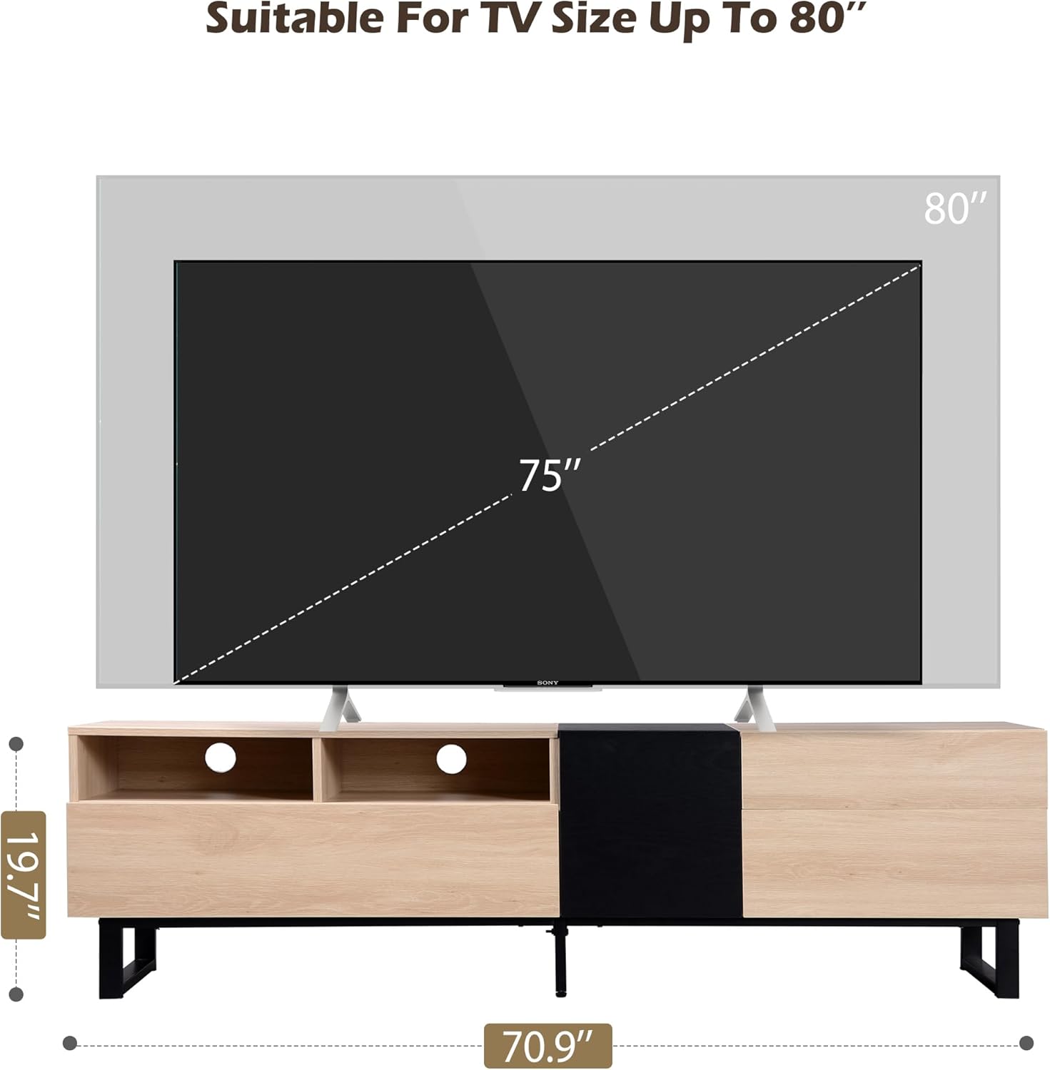 Soporte de TV de 70 pulgadas con armario de almacenamiento y estantes abiertos, consola de TV de madera natural para televisores de hasta 80