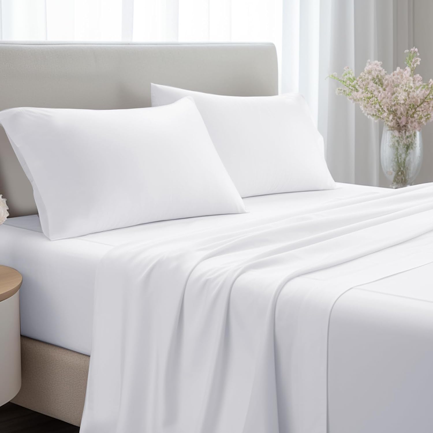 JOLLYVOGUE Sábanas de cama Queen de 4 piezas, juego de sábanas blancas para dormitorio con 14 bolsillos profundos, sábanas refrescantes con 1 sábana