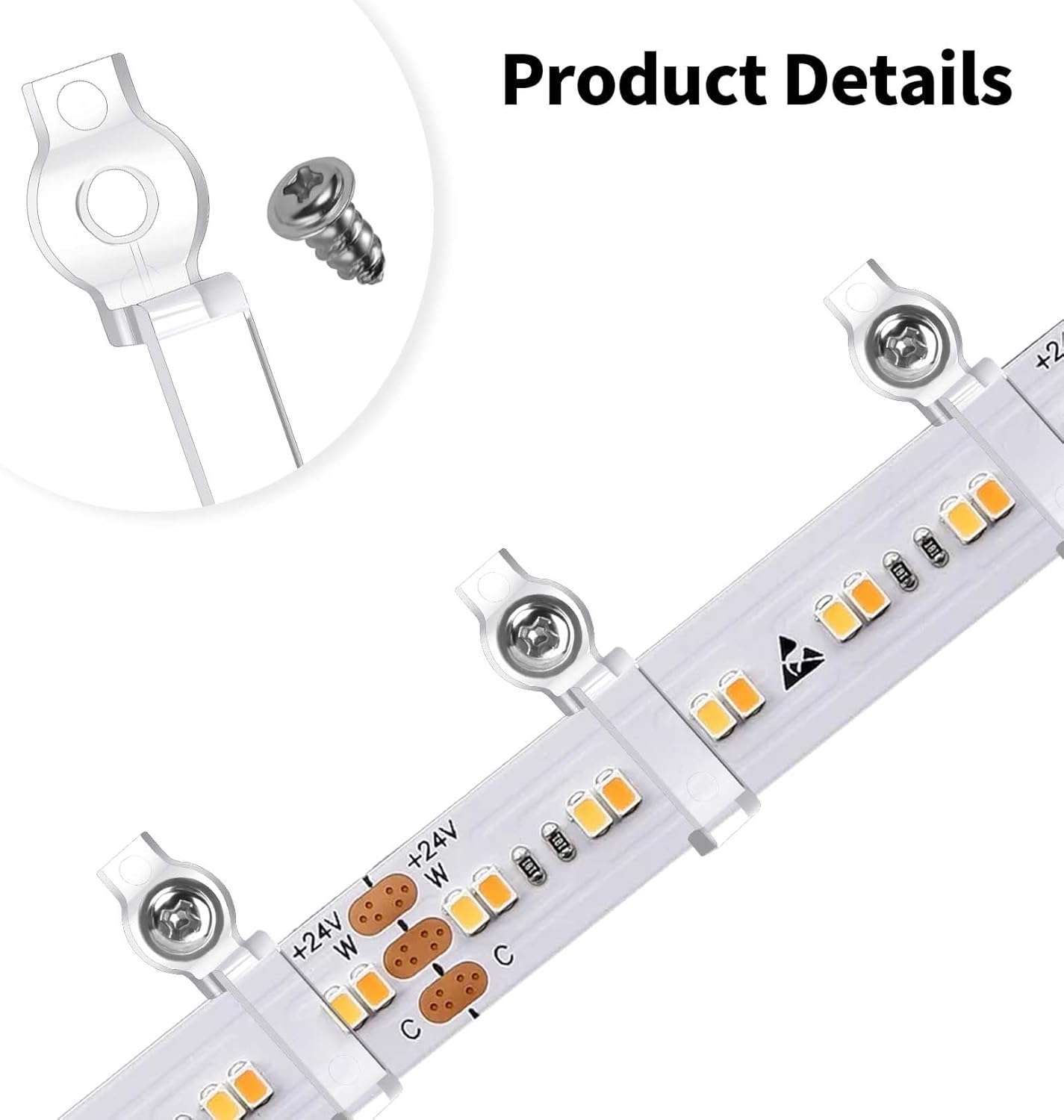 100 clips de luz LED para tira de luz, clips de montaje de un lado de luz LED con tornillos, ganchos de luz de cuerda exterior para tiras de luces