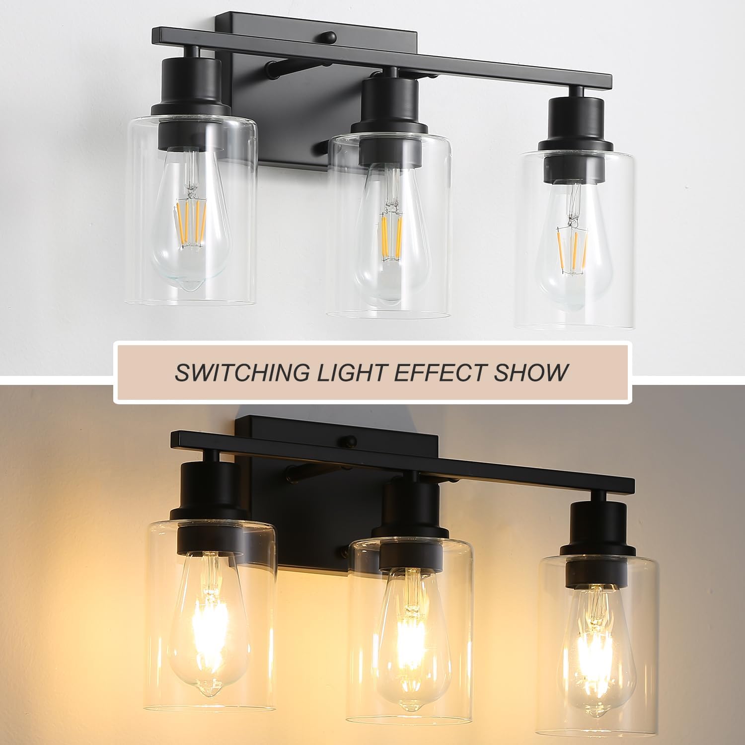 Lámparas de tocador de baño de 3 luces, apliques de pared negro mate con pantallas de vidrio transparente, iluminación de pared moderna de granja