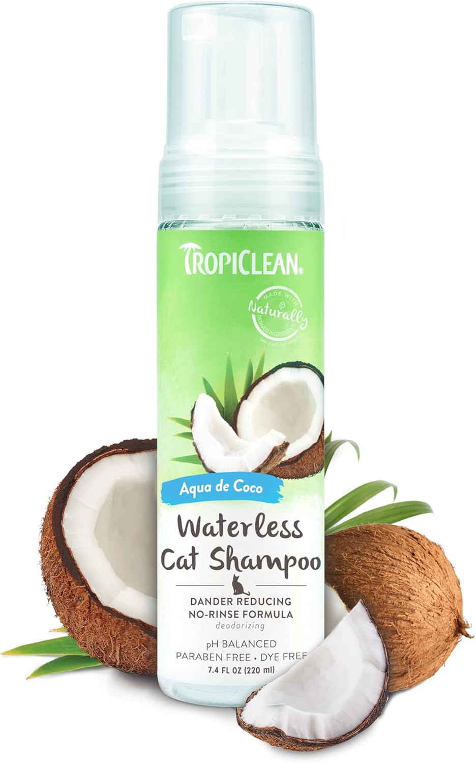 TropiClean Aqua de Coco Champú para gatos sin agua  Caspa de gato y reductor de alérgenos para gatos  Champú natural para gatos seco derivado de
