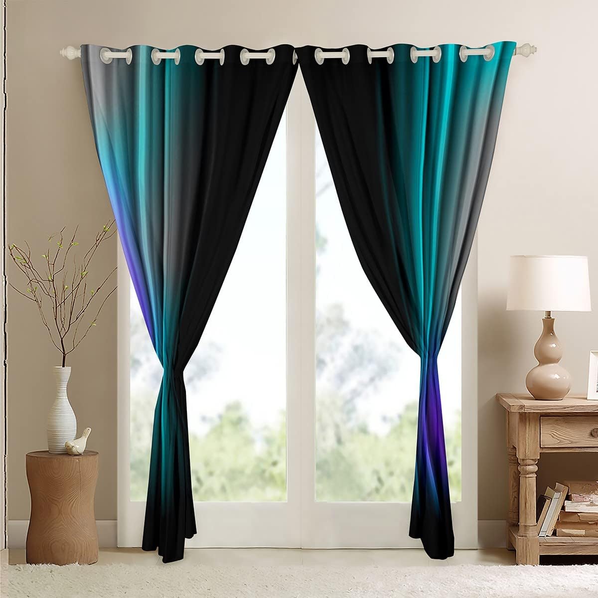 Cortinas geométricas abstractas degradadas para adolescentes, color verde azulado y azul, gris, negro, a rayas, para dormitorio, sala de estar,