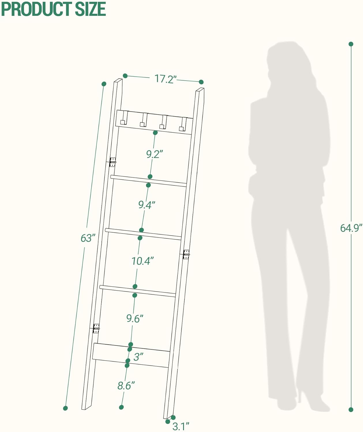 Hzuaneri Estante de escalera para manta para dormitorio, estante decorativo de madera con 4 ganchos extraíbles, organizador de escalera de granja de