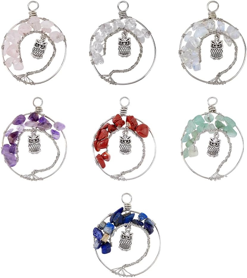 SUPERFINDINGS Dijes colgantes de aleación, colgante de árbol de la vida, alambre de cobre, colgante de cuentas de piedras preciosas de cristal,