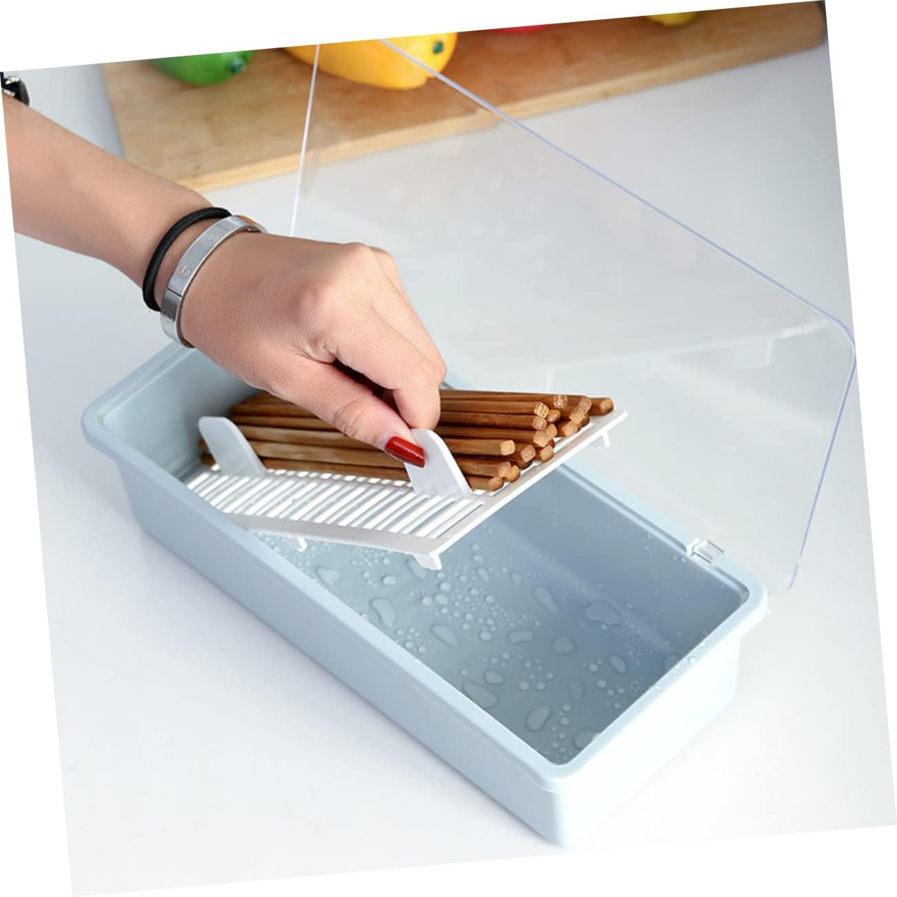 Angoily Caja de palillos Caja de drenaje Cajas de almacenamiento para organizar con tapa, bandeja de plástico para servir vajilla, bandeja