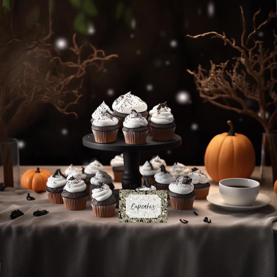Andaz Press Paquete de 24 tarjetas de mesa de Halloween para colocar la mesa, con puntuaciones para plegarse fácilmente, esqueletos y sombras,