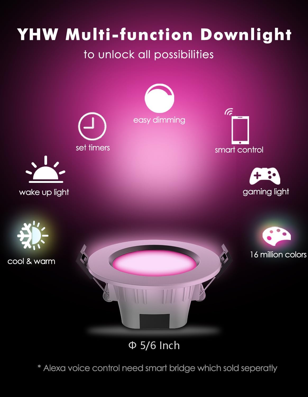 Iluminación LED inteligente empotrable de 6 pulgadas, 15 W, 2700-6500 K, CCT RGBCW, luces de techo regulables, luces de techo regulables de malla BT