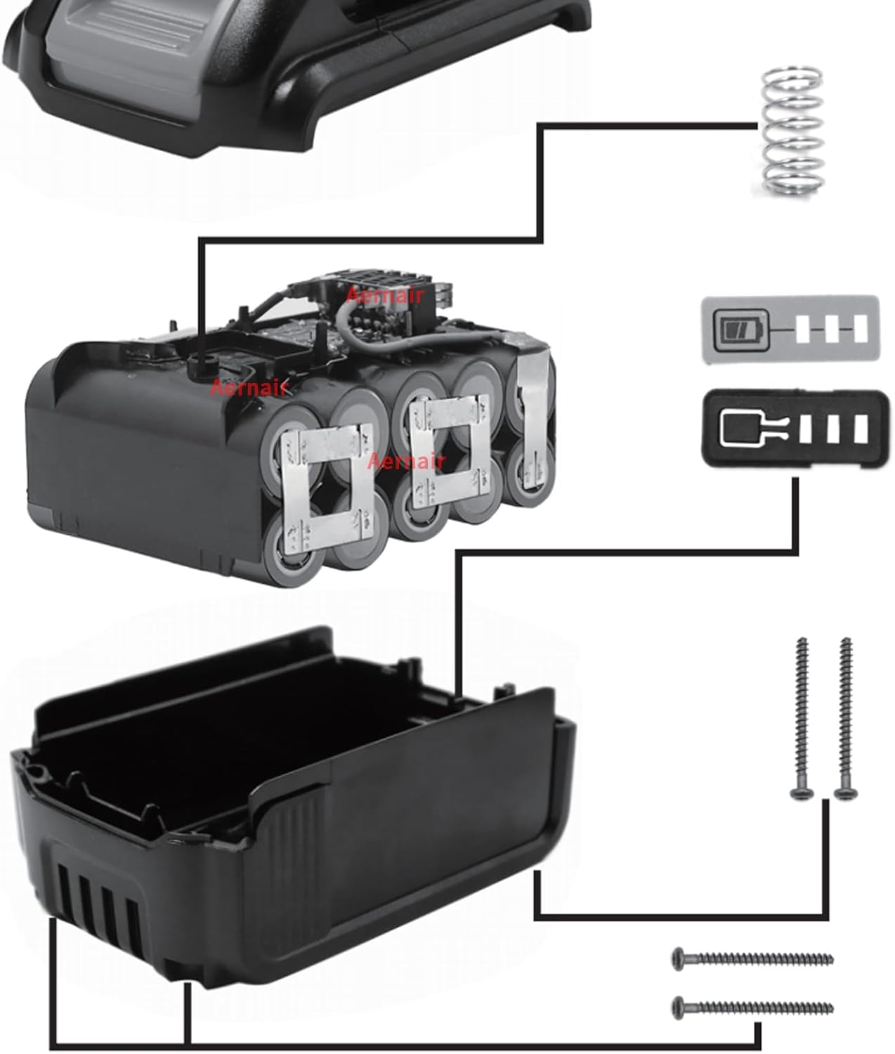 Aernair Piezas de repuesto de batería de plástico compatible con Dewalt 20V Max Battery DCB204 DCB205, kit de reconstrucción de caja de cubierta de