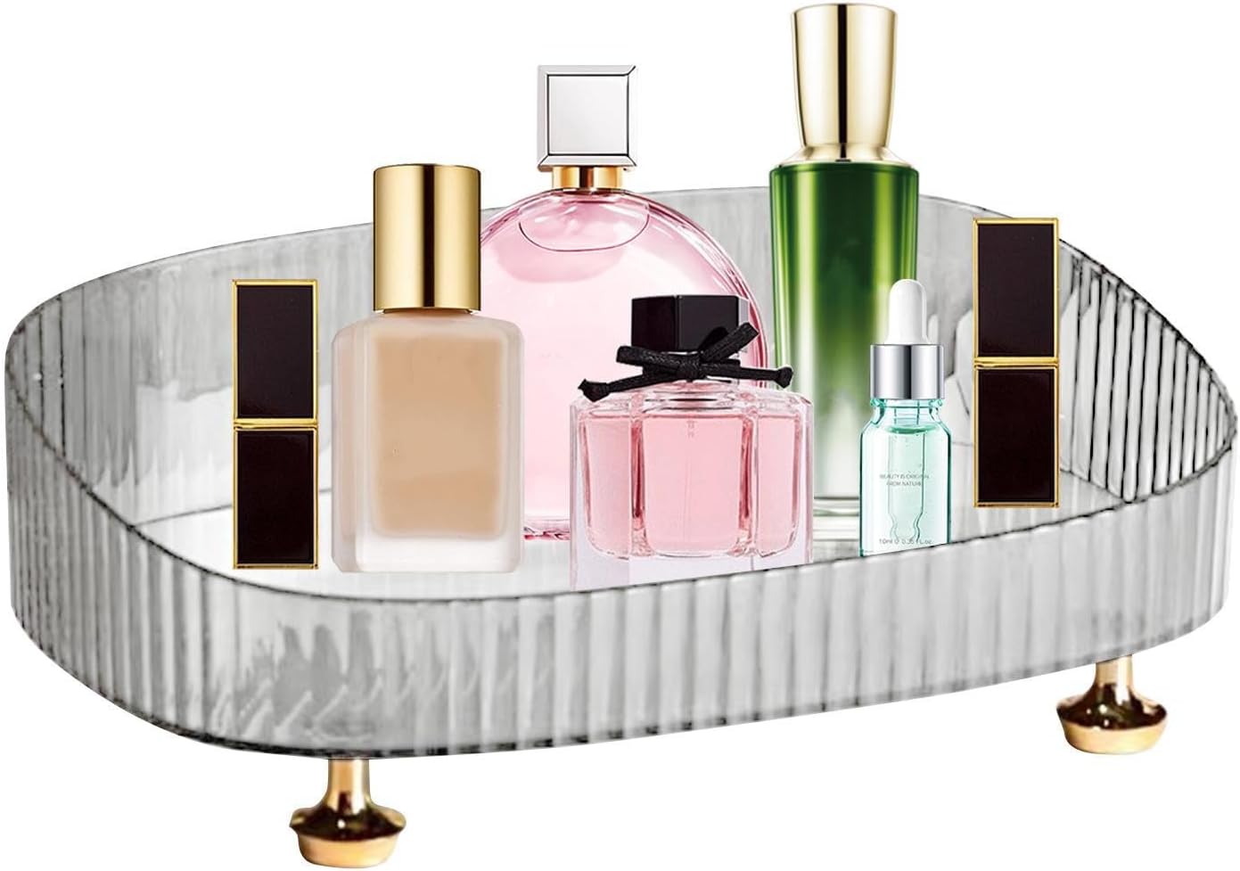 Estuche de exhibición de cosméticos, organizador de perfume de maquillaje con cajones, bandeja de encimera de tocador de baño de diseño ovalado,