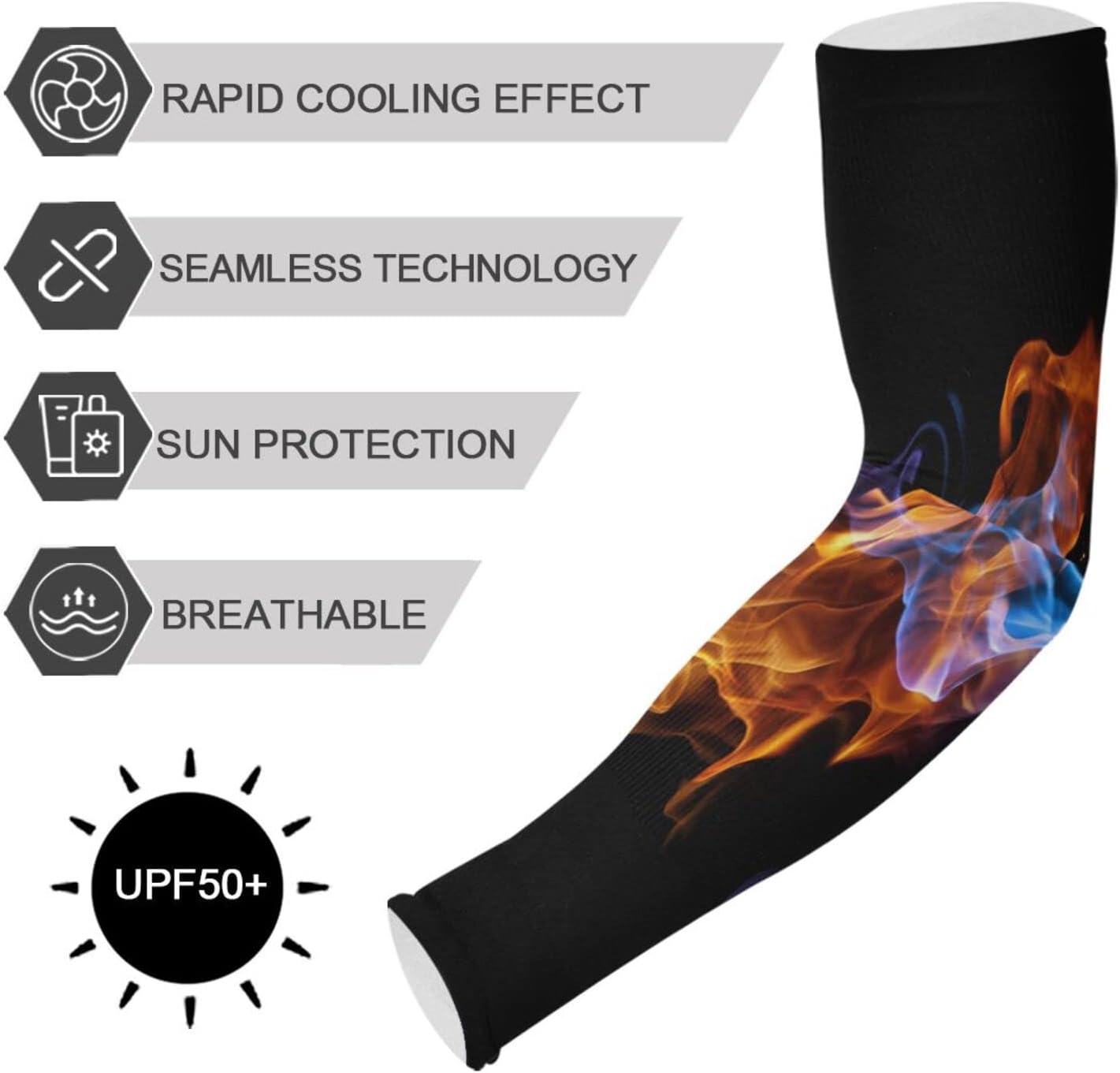 Kigai Mangas de brazo de jardinería para hombres y mujeres con agujero para el pulgar, patrón de fuego, protección solar, mangas deportivas de