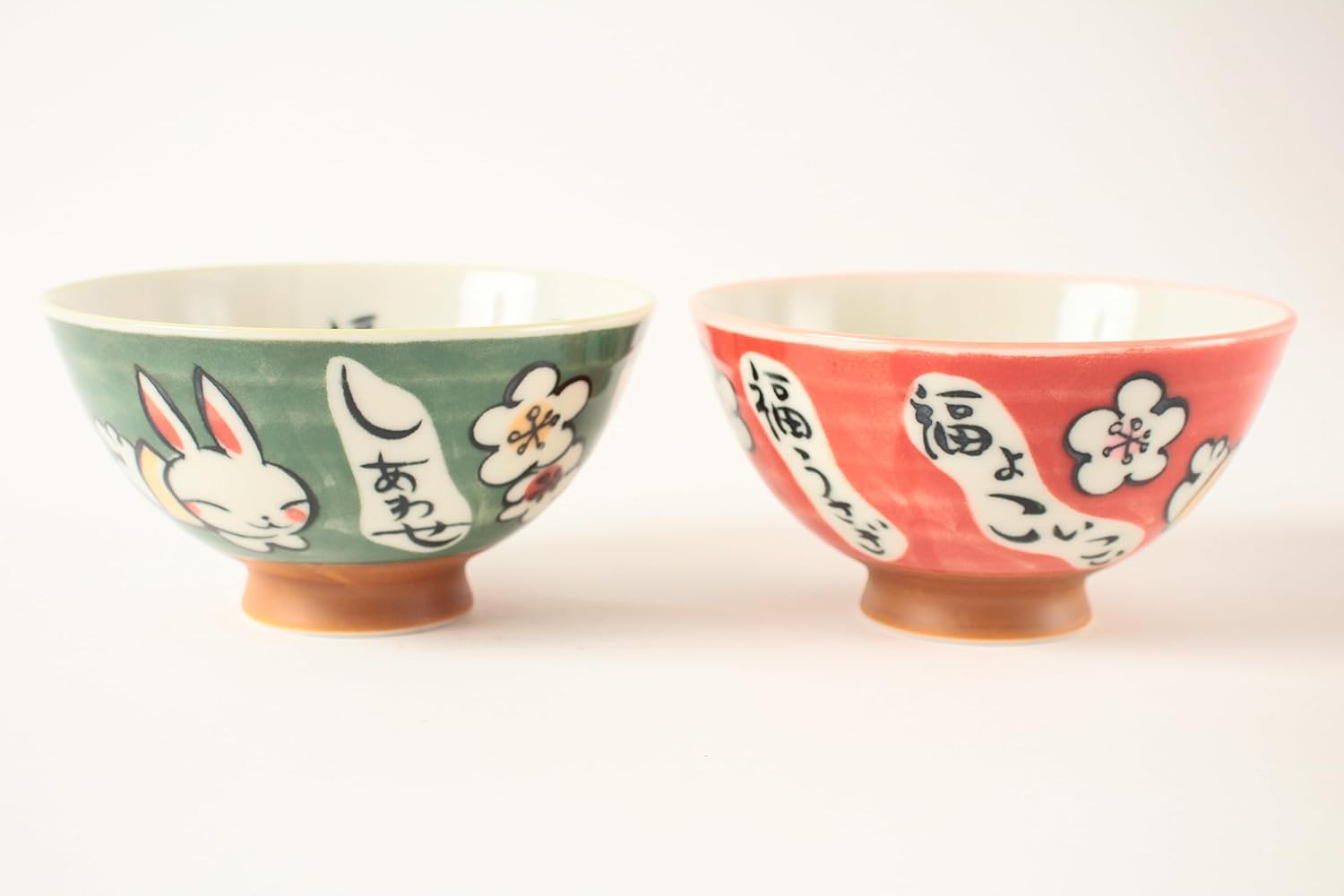 Mino ware Cerámica Japonesa Par Arroz Tazón Happy Rabbit Verde y Rojo Hecho en Japón (Importación de Japón) MIG009
