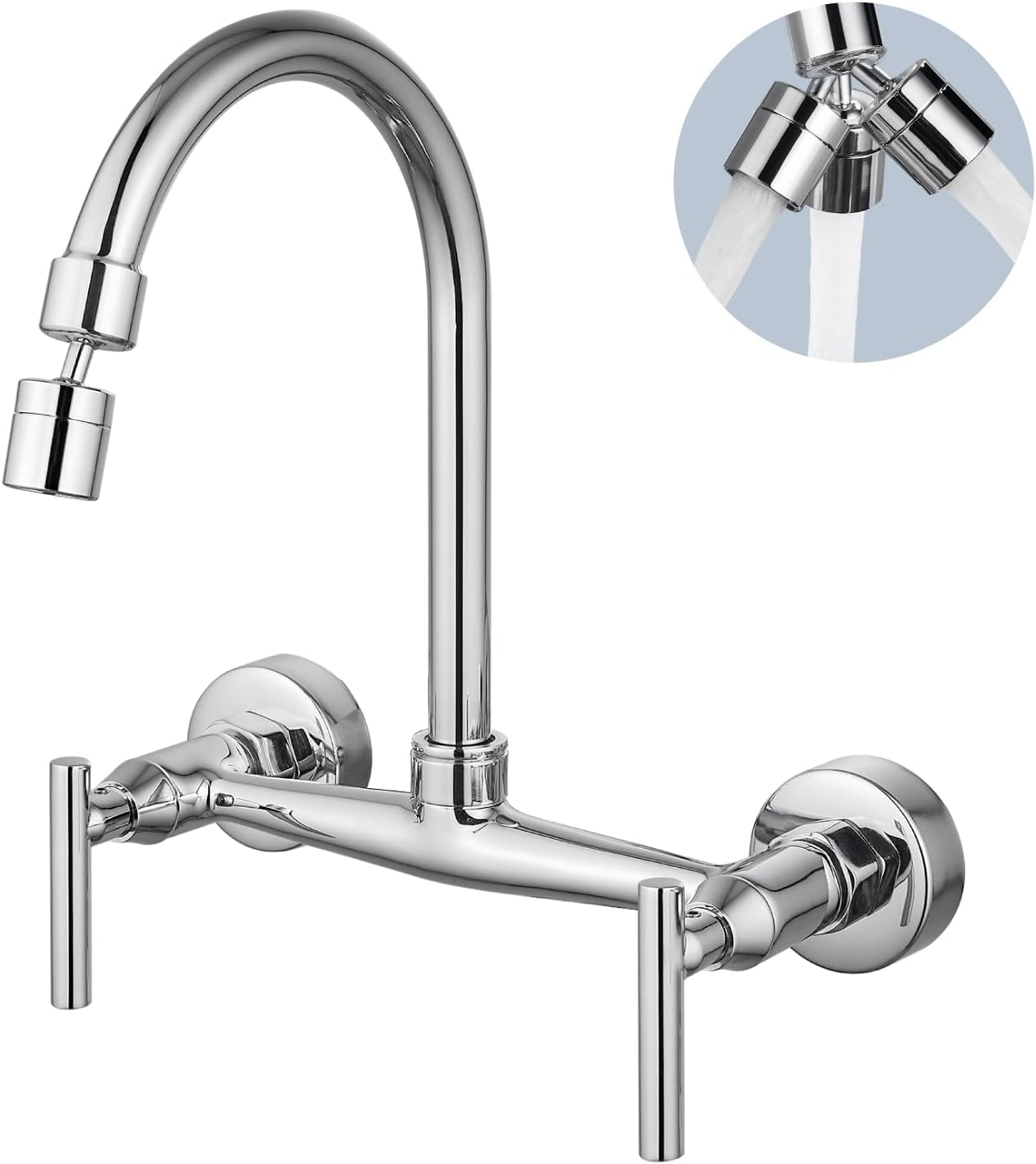 Airuida Grifo de fregadero de cocina de montaje en pared cromado de 8 pulgadas, centro de doble mango, montaje en pared, grifo de fregadero de