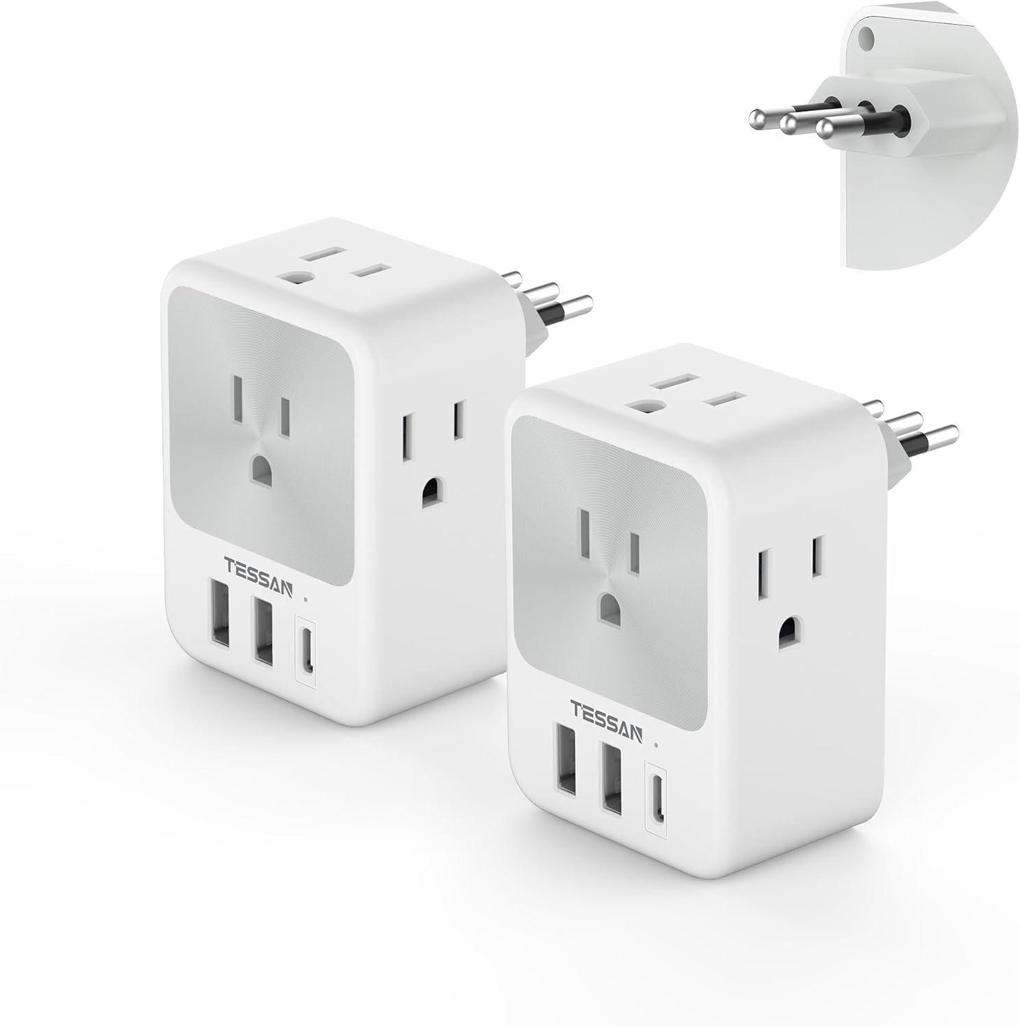 Adaptador de enchufe de viaje para Italia, 2 paquetes, adaptador de corriente TESSAN Italia con 4 tomas, 3 puertos USB (1 USB C), adaptador de