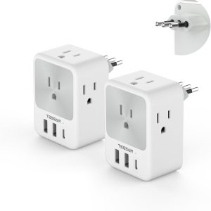 Adaptador de enchufe de viaje para Italia, 2 paquetes, adaptador de corriente TESSAN Italia con 4 tomas, 3 puertos USB (1 USB C), adaptador de Adaptador de enchufe de viaje para Italia, 2 paquetes, adaptador de corriente TESSAN Italia con 4 tomas, 3 puertos USB (1 USB C), adaptador de