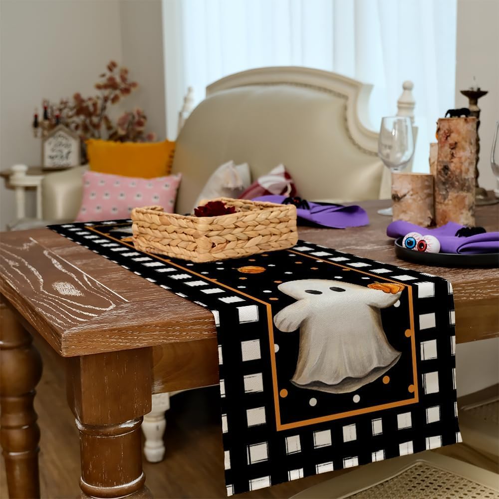 ARKENY Camino de mesa de Halloween de 13 x 48 pulgadas, calabaza, fantasma, arpillera estacional, lunares, granja, interior, cocina, comedor,