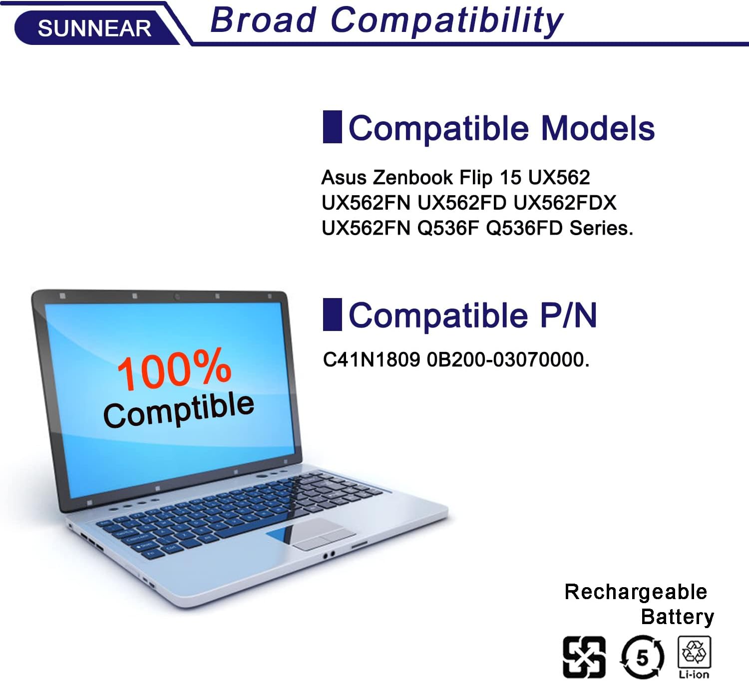 SUNNEAR C41N1809 – Batería para portátil de 4 celdas compatible con Asus Zenbook UX562 UX562FN UX562FD UX562FDX Q536F Q536FD Series Notebook