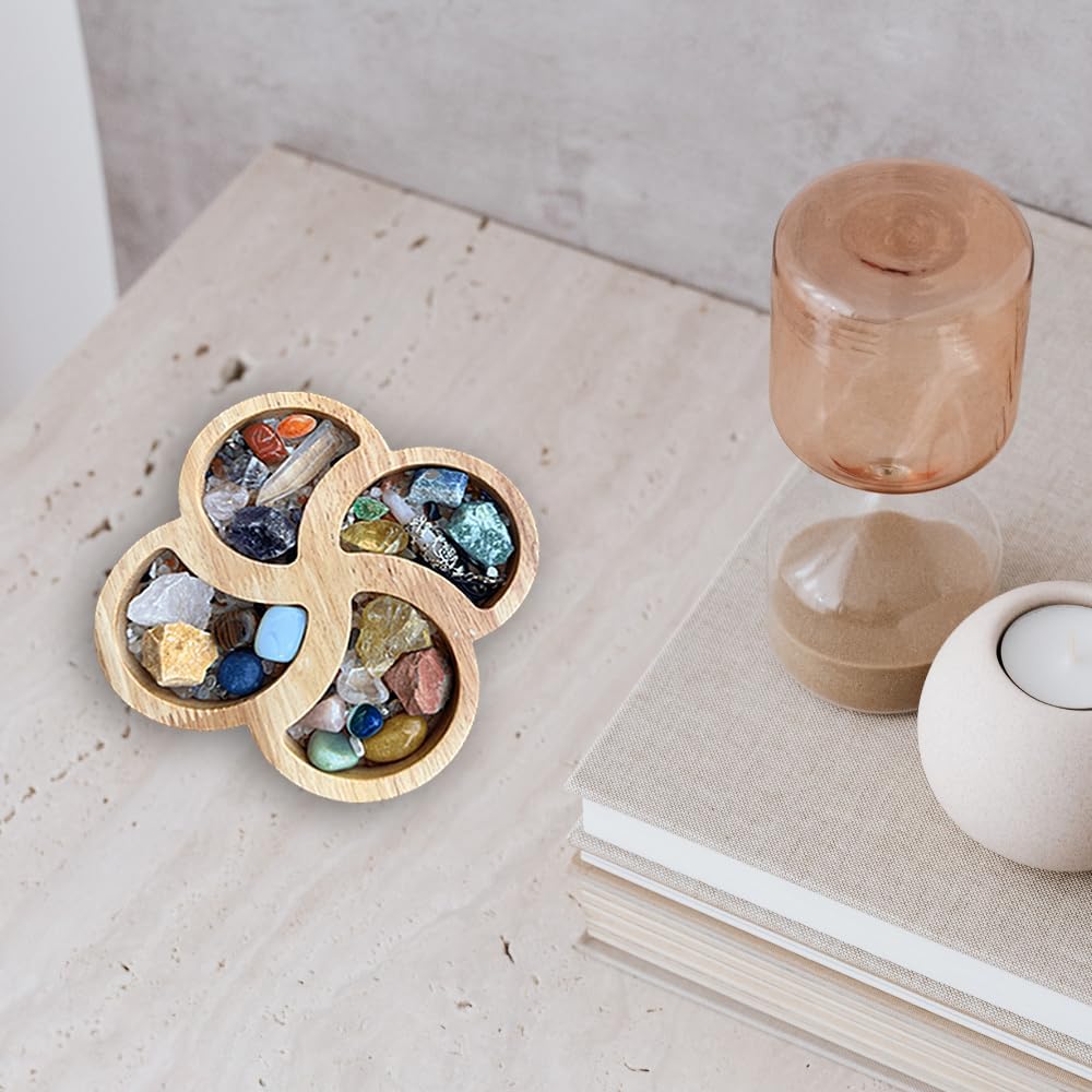 Bandeja de madera con flores de cristal para piedras, muestra tus cristales y piedras curativas, soporte de cristal para exhibición de piedras,
