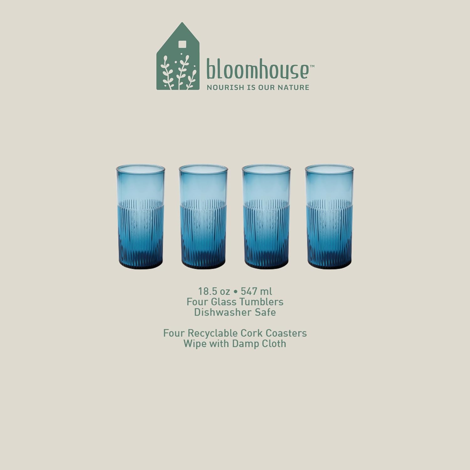 Bloomhouse Lyon Sky – Juego de 8 vasos de cristal de color azul lapislázuli hecho a mano de 18 onzas con posavasos