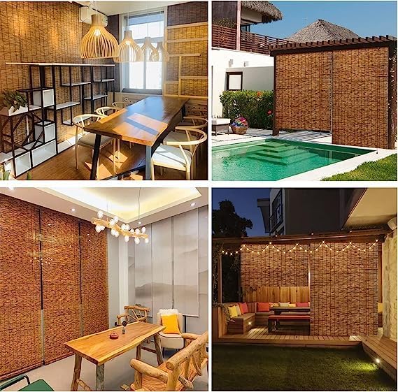 Persianas enrollables de bambú retro sin cordones, persianas de bambú para exteriores, persianas de bambú para patio con elevador, fácil