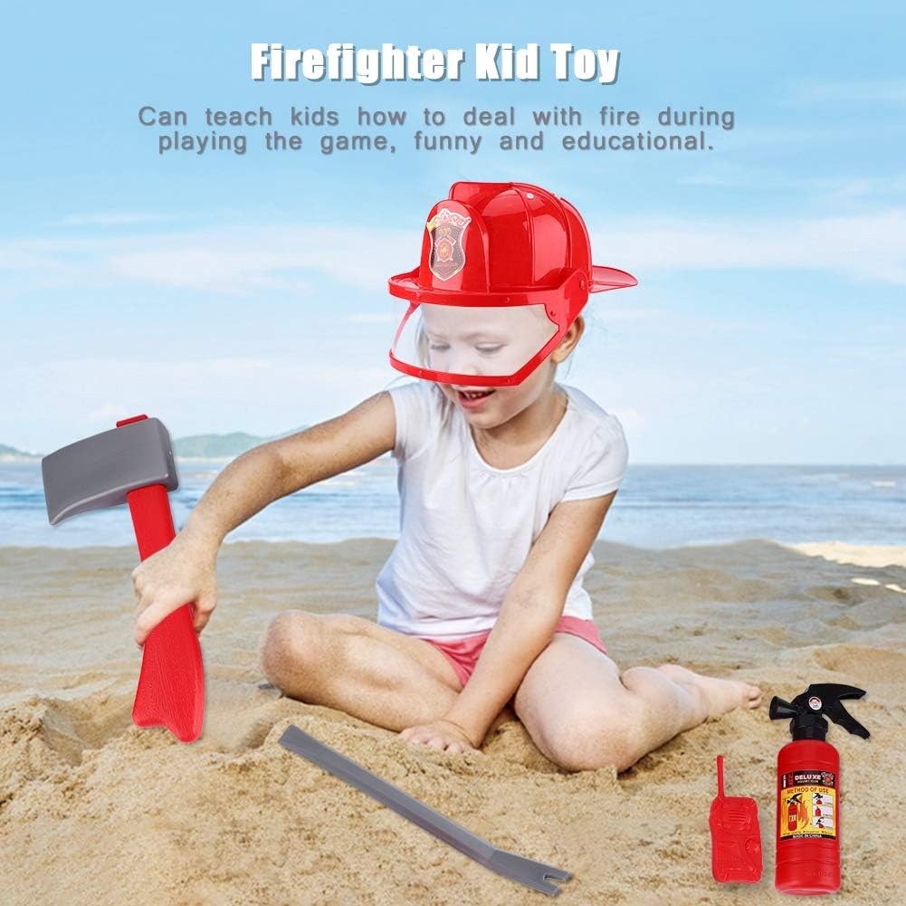 Accesorios de disfraz de bombero para juego de rol, 5 piezas de bombero para niños, kit de juguetes de cosplay – casco, extintor de incendios,
