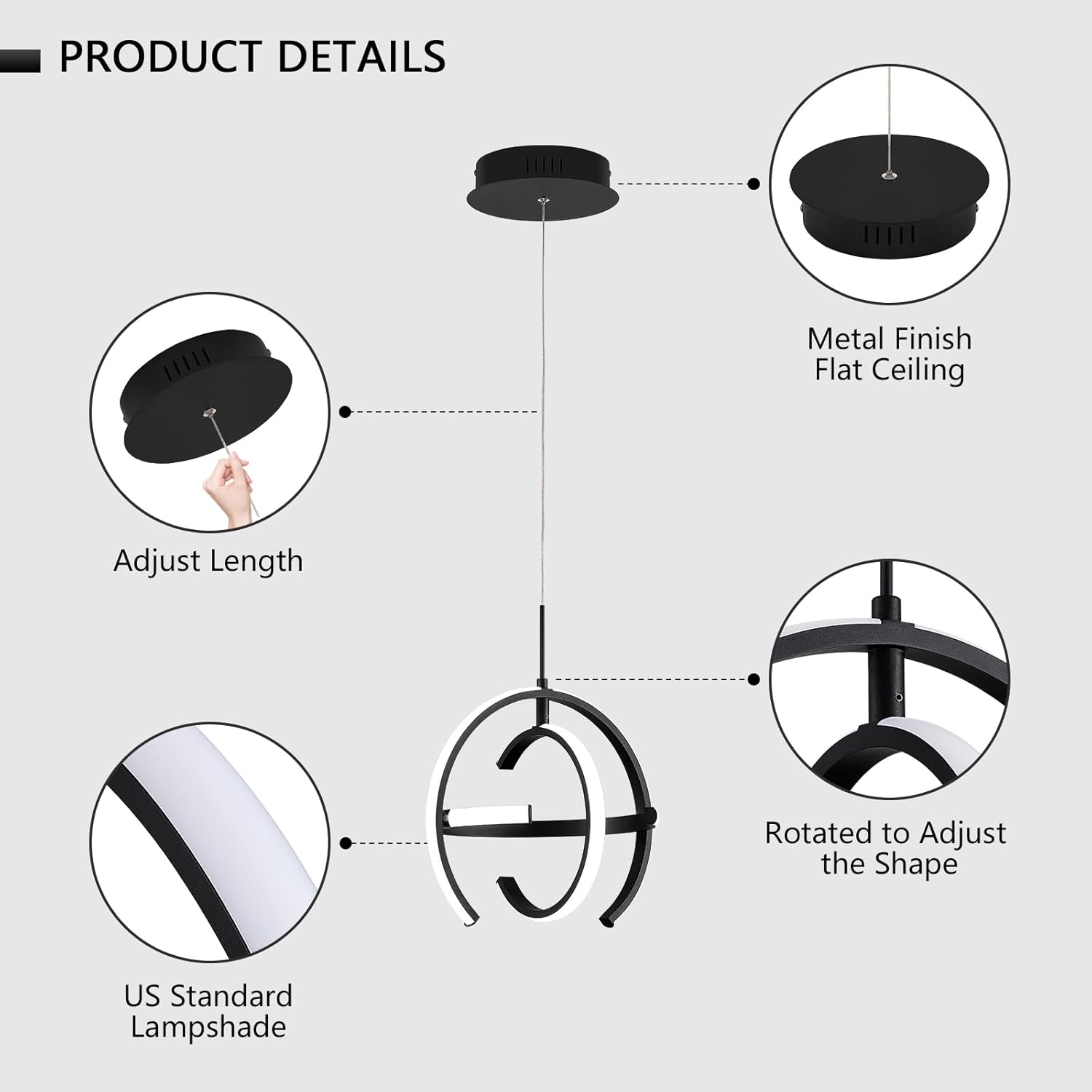 Candelabro LED moderno, lámpara colgante negra, anillo de globo contemporáneo, iluminación colgante de techo redondo para comedor, sala de estar,