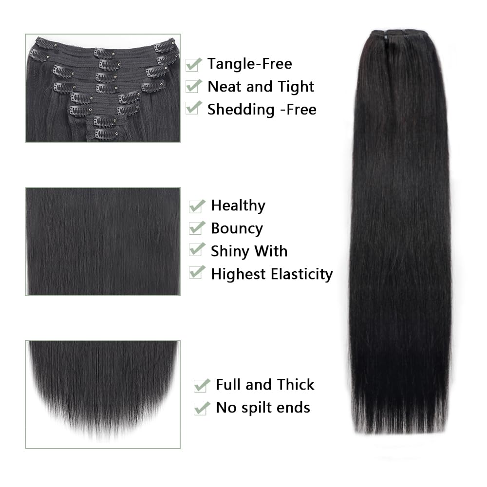 Lysilf Yaki – Extensiones de cabello lacio con clip para mujeres negras, cabello humano virgen brasileño, lacio, con clip, 8 piezas con 18 clips,
