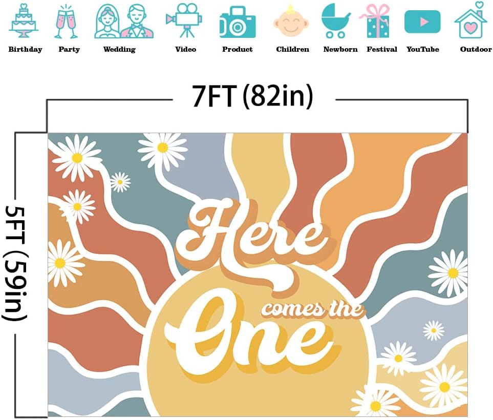 Mocsicka Fondo de sol para primer cumpleaños con texto en inglés “Here Comes The One”, retro, bohemio, decoración de fiesta de primer cumpleaños,