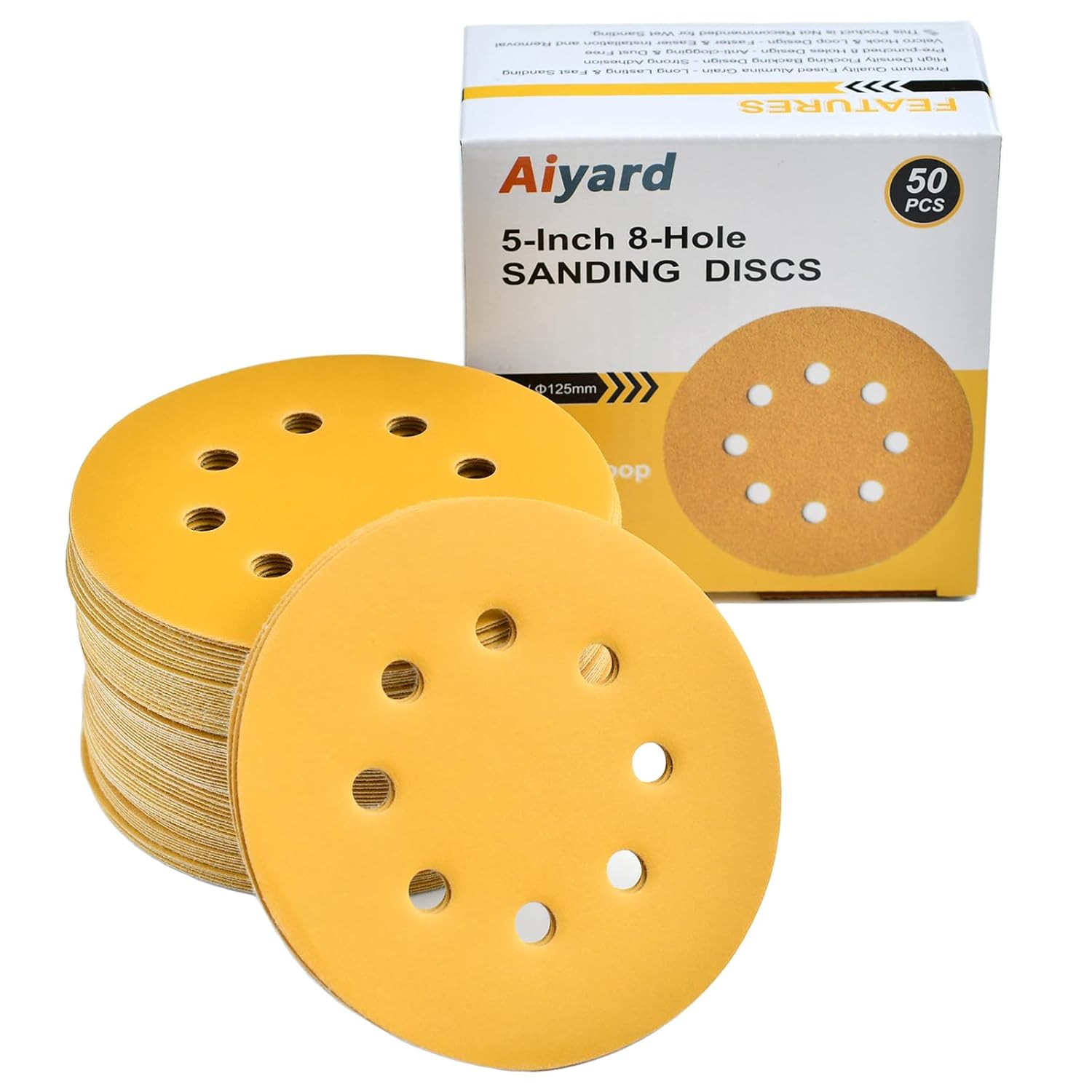 Discos de lija de 5 pulgadas, 8 agujeros, papel de lija de órbita aleatoria de grano 600, paquete de 50