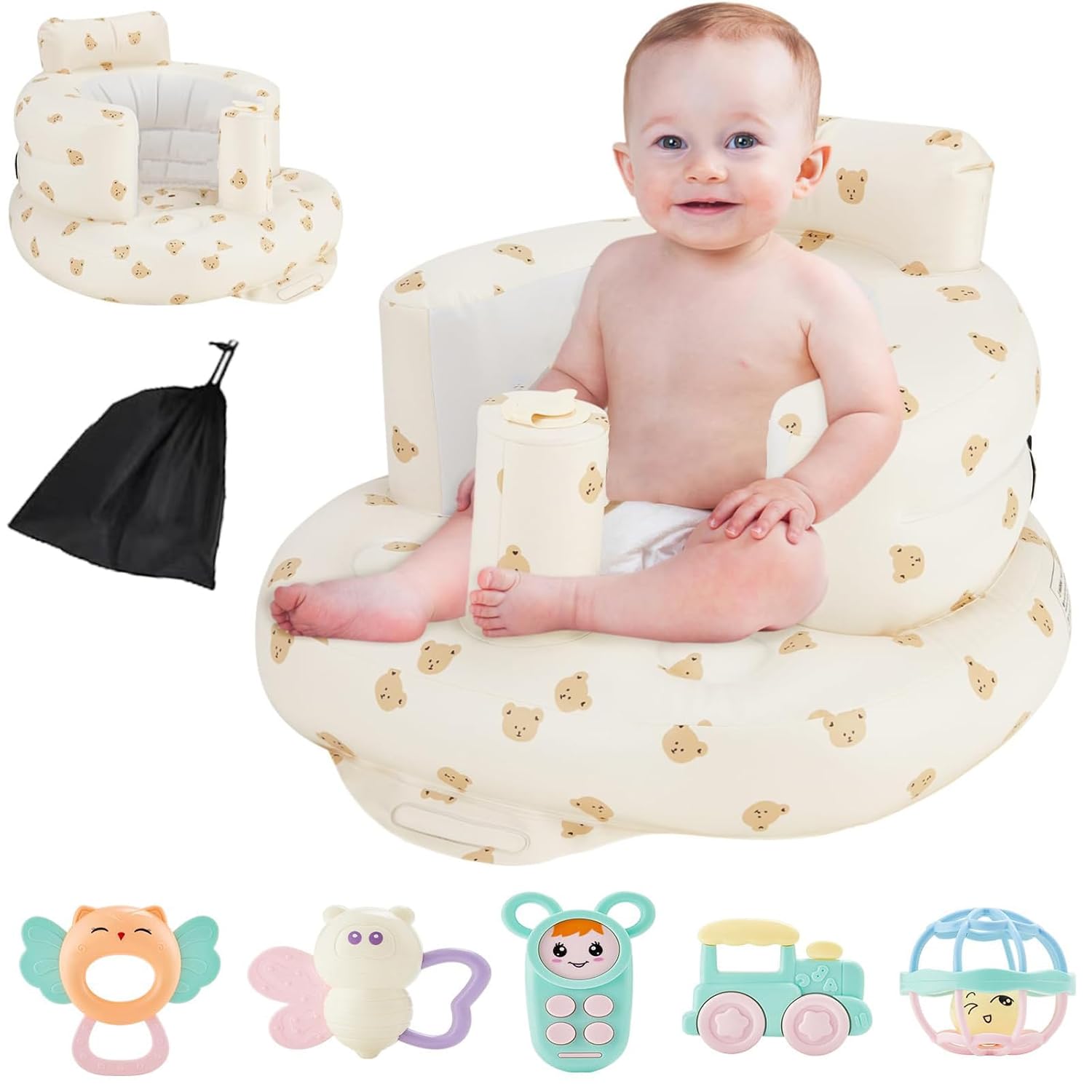 Asiento inflable para bebé + 5 juguetes + bolsa de transporte – Diseño de arnés de seguridad – Respaldo ergonómico – 8 agujeros de ventilación –