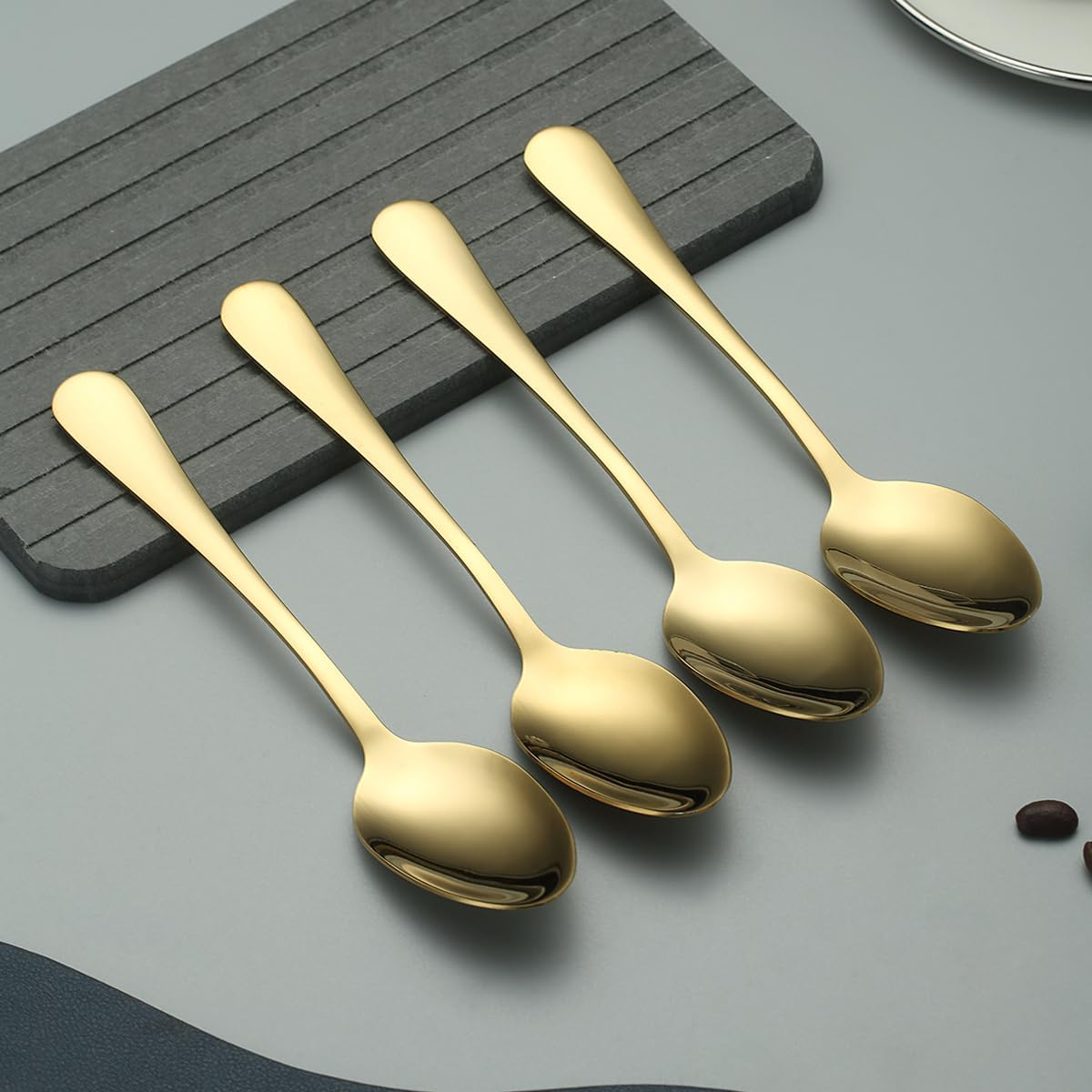 Cucharas doradas de 12 piezas, cucharas de acero inoxidable chapado en titanio dorado de 7.28 pulgadas, cucharas de postre, cuchara de mesa,