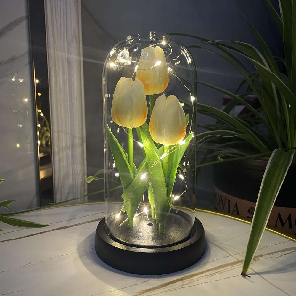 Lámpara LED de tulipán, luz nocturna de flores artificiales, hecha a mano, tulipanes iluminados en cúpula de cristal, lámpara de mesa, decoración de