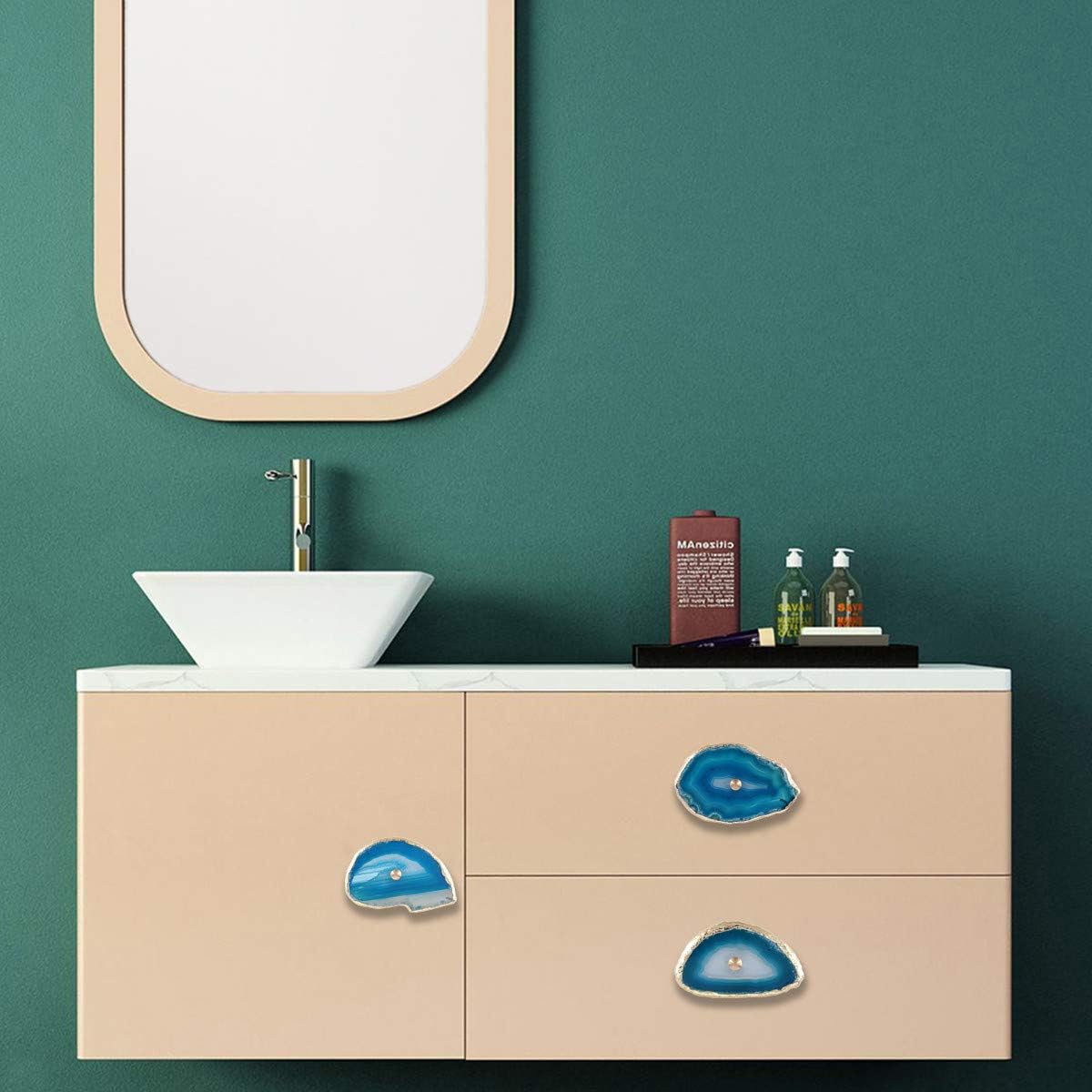 Rockcloud Pomos de ágata azul para cajón, tiradores para armario de aparador, rebanada teñida con pomos de borde chapados en oro para decoración de