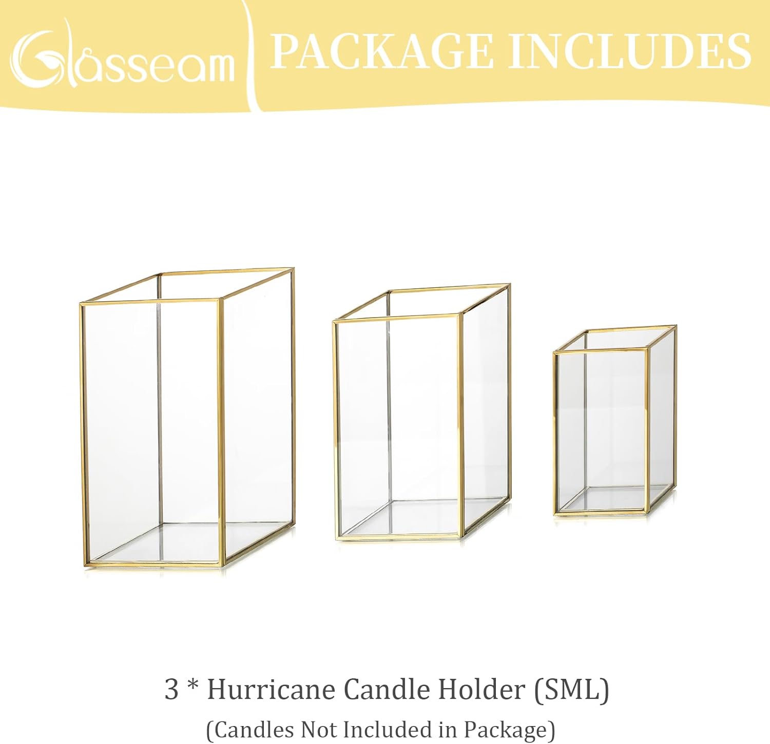 Glasseam Portavelas de cristal de huracán, juego de 3 portavelas de pilar dorado, modernos portavelas cuadrados para velas de pilar, portavelas
