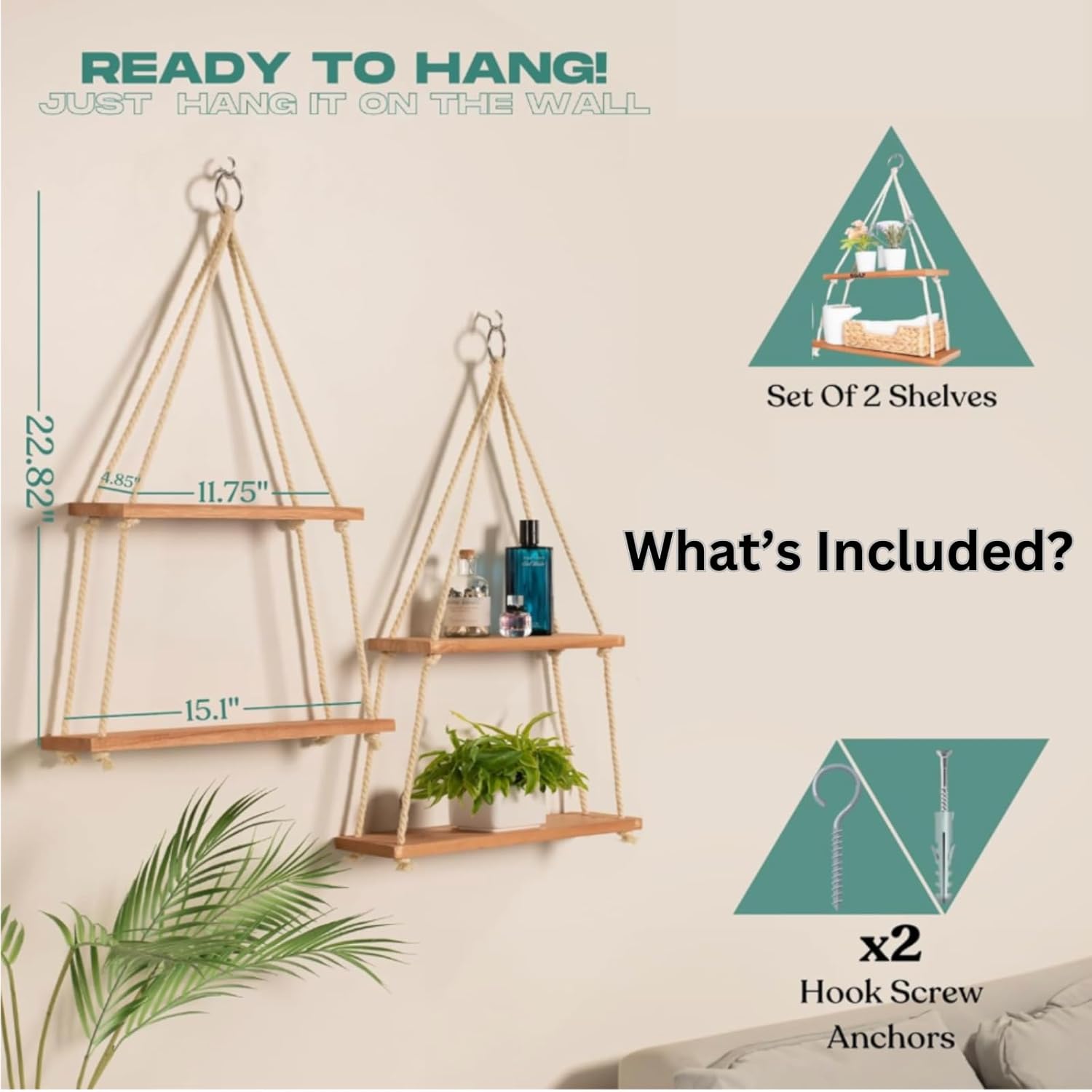 Estantes colgantes para pared, estante colgante para plantas, estantes bohemios de madera para decoración de dormitorio de otoño, estantes de cuerda