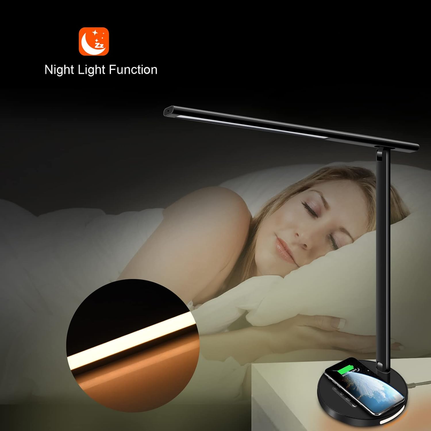 AFROG Lámpara de escritorio LED multifuncional 8 en 1 con cargador inalámbrico rápido de 10 W, puerto de carga USB, luz nocturna, 1200Lux súper