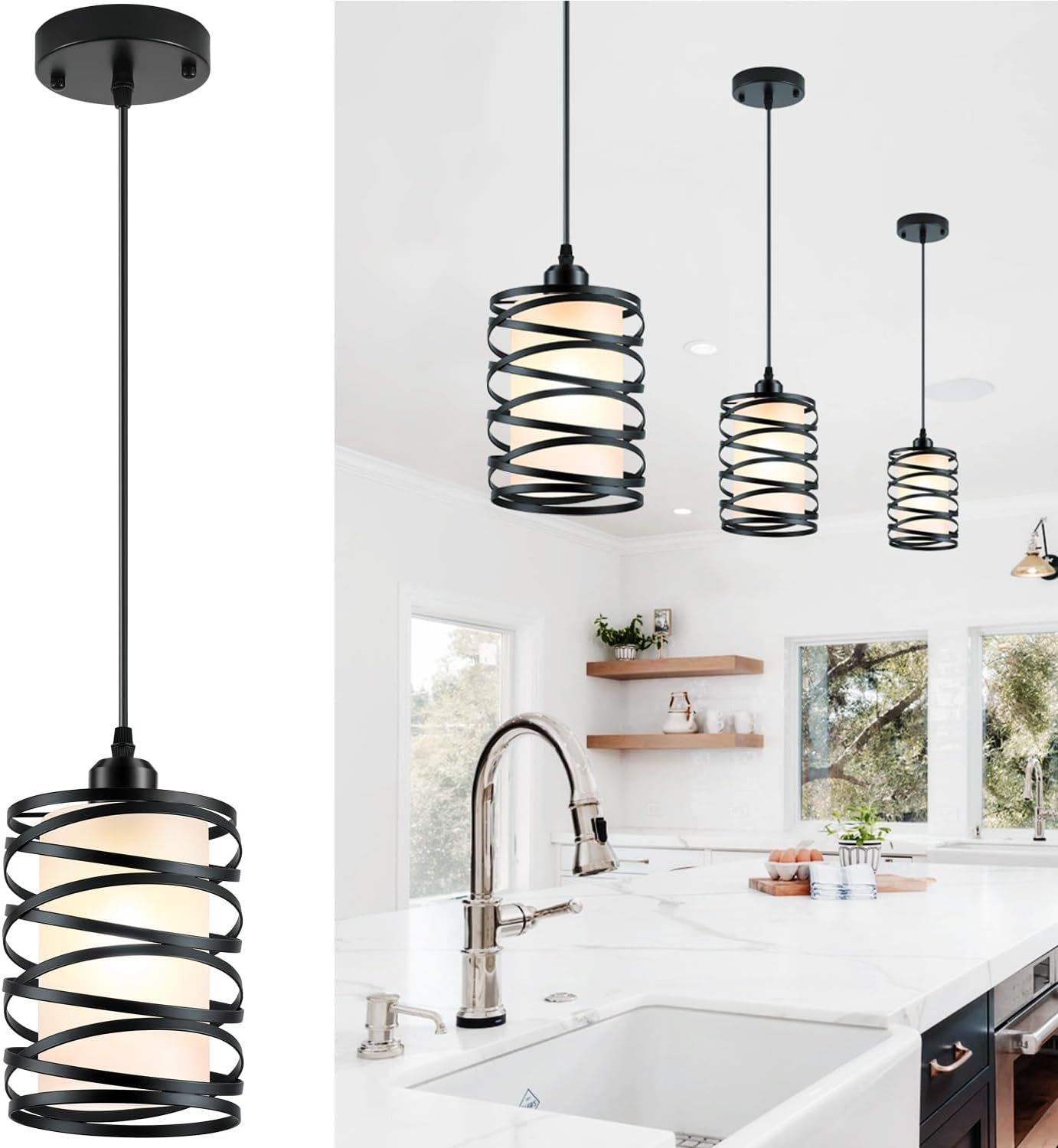 Mini lámpara colgante industrial de granja con pantalla de vidrio y altura ajustable para isla de cocina, bar, comedor y sala de estar, base E26,